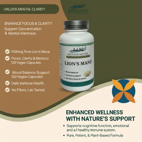 Mother Nature Lion's Mane Mushroom 1000mg Brain Support - 120 Capsules - image 2