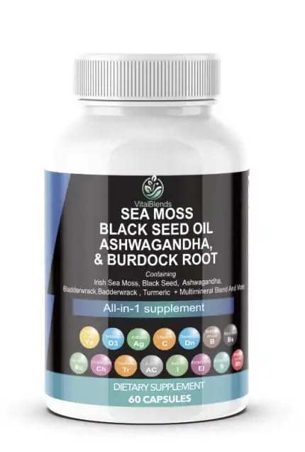 VitalBlends Sea Moss 3000mg Black Seed Oil Ashwagandha Capsules - 60 Count