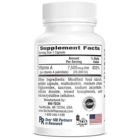 Bio-Tech Pharmacal A-25 Vitamin A Palmitate 25,000 IU - 100 Capsules - image 3