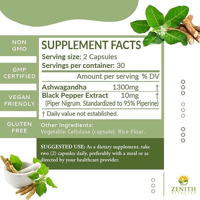 Zenith Vitality Ashwagandha 1300mg Stress Relief - 60 Capsules - image 2