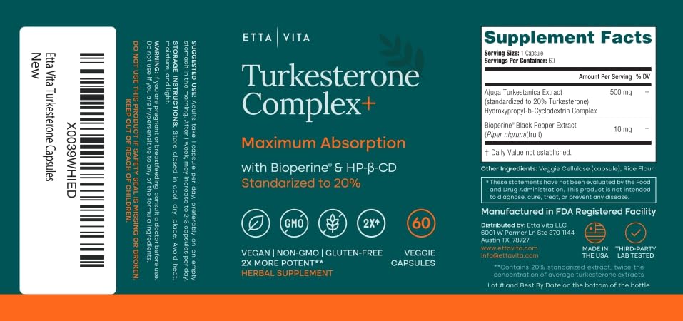 Etta Vita Turkesterone 500mg Supplement for Muscle Growth - 60 Capsules - image 7