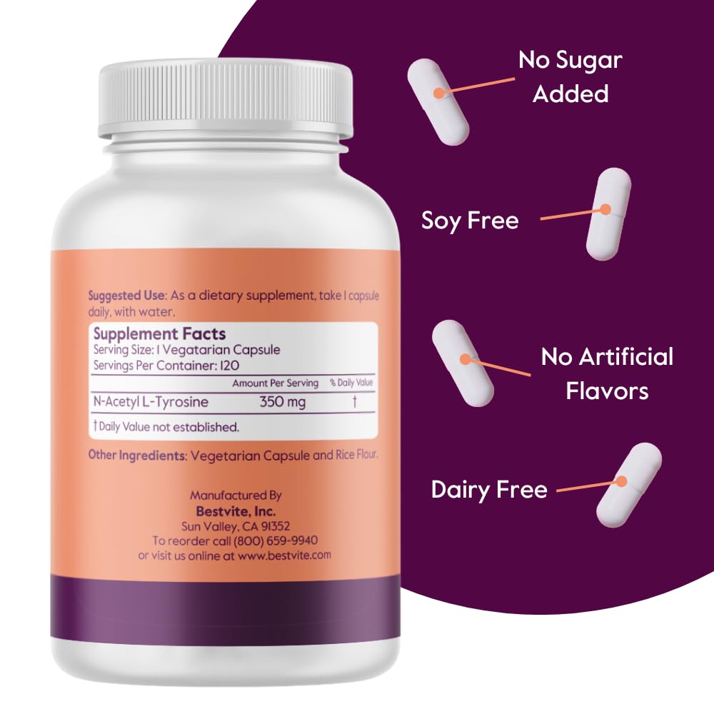BESTVITE N-Acetyl L-Tyrosine 350mg for Focus & Mood - 240 Capsules - image 2