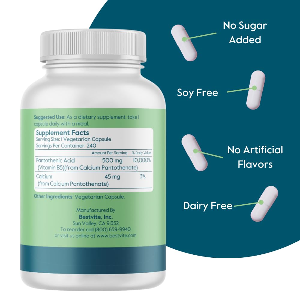 BESTVITE Pantothenic Acid 500mg Vitamin B5 - 240 Vegetarian Capsules - image 2