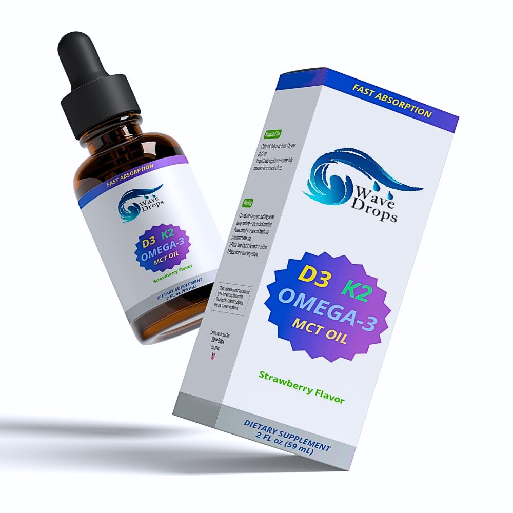 Wave Drops Vitamin D3 & K2 Liquid Drops with Omega 3 - 2 Fl Oz
