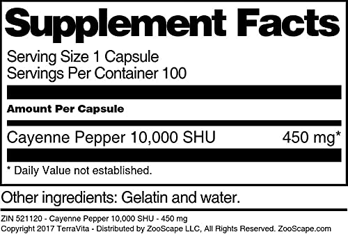 Terravita Cayenne Pepper 10,000 SHU - 450 mg (100 Capsules, ZIN: