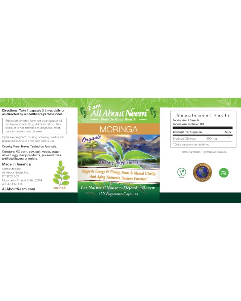 All About Neem Moringa Leaf Capsules Organic 400 mg - 120 Count - image 2