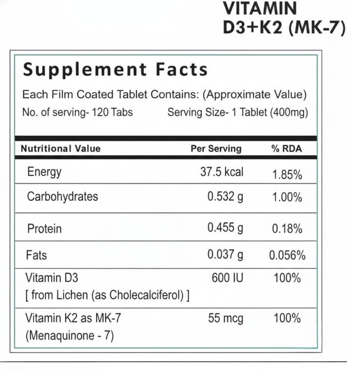 Vitamin D3 600 IU + Vitamin K2 MK-7 Bone & Muscle Support - 120 Tablets - image 4