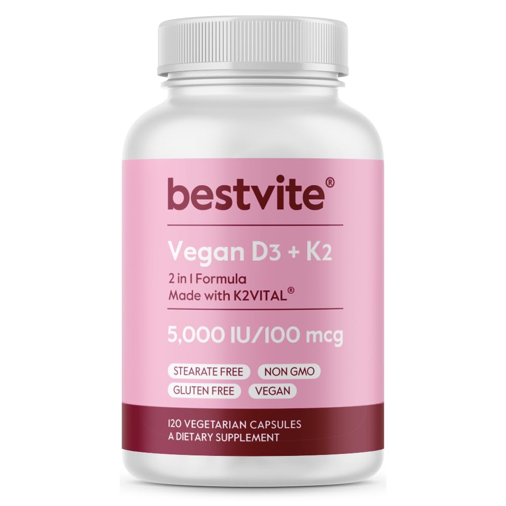 BESTVITE Vegan Vitamin D3 5000 IU + Vitamin K2 MK-7 - 120 Capsules