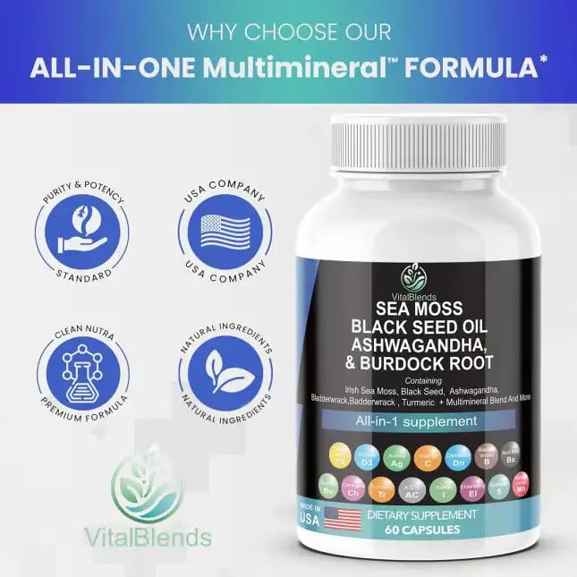 VitalBlends Sea Moss 3000mg Black Seed Oil Ashwagandha Capsules - 60 Count - image 4