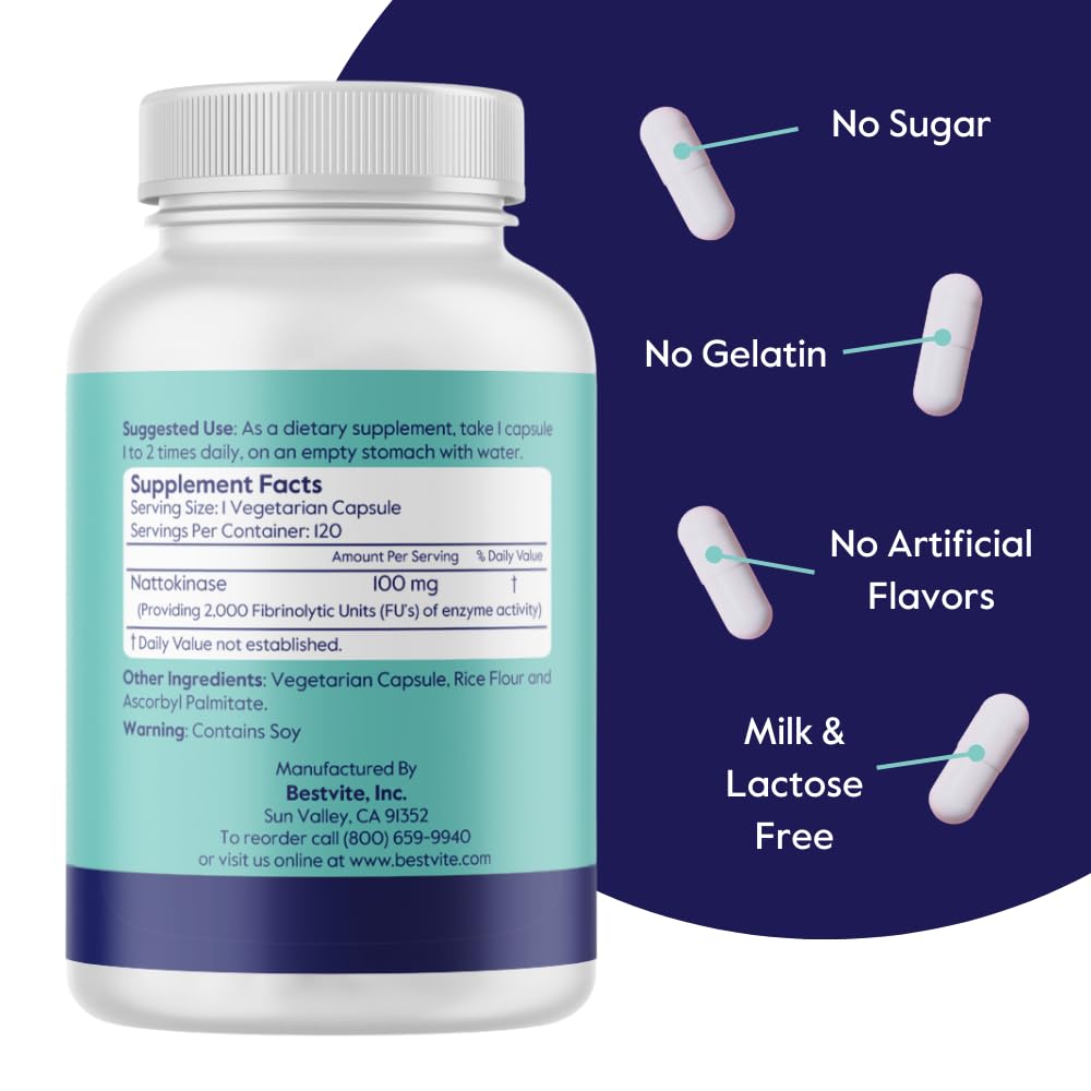 BESTVITE Nattokinase 100mg 2000 FU - 240 Vegetarian Capsules - image 3
