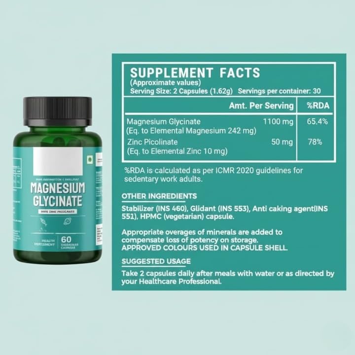 Generic Magnesium Glycinate 1100mg with Zinc Picolinate - 60 Capsules - image 2