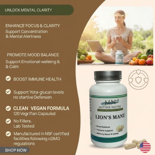 Mother Nature Lion's Mane Mushroom 1000mg Brain Support - 120 Capsules - image 3