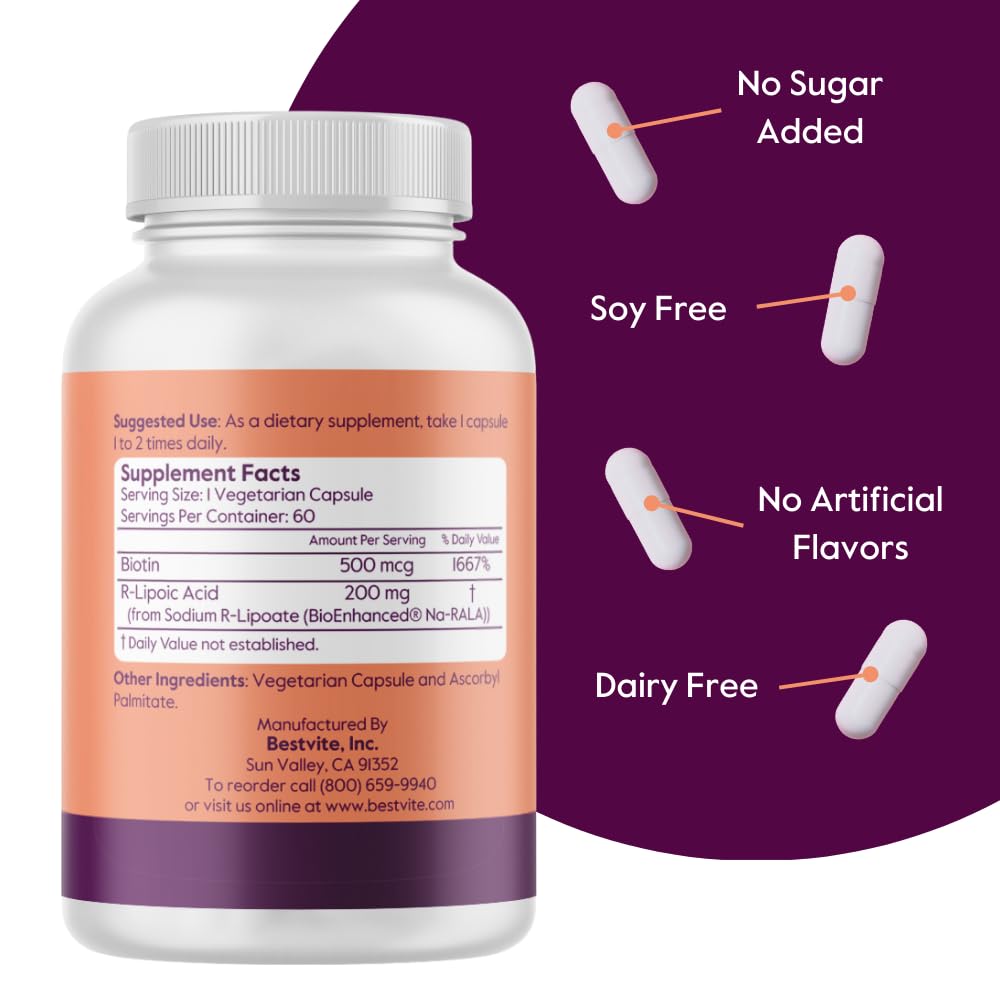 BESTVITE Stabilized R-Lipoic Acid 200mg - 120 Vegetarian Capsules - image 3