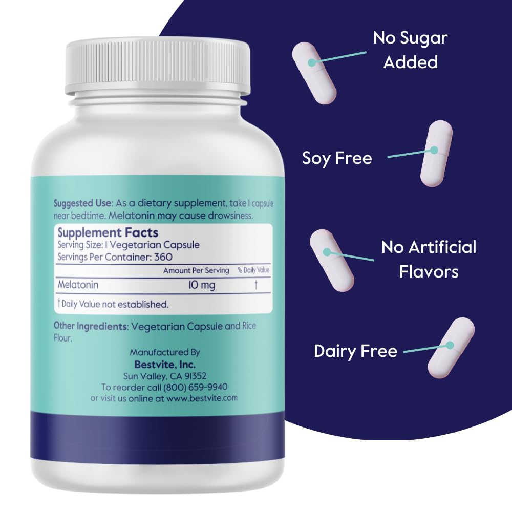 BESTVITE Melatonin 10 mg for Sleep Support - 360 Vegetarian Capsules - image 3