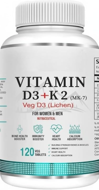 Vitamin D3 600 IU + Vitamin K2 MK-7 Bone & Muscle Support - 120 Tablets