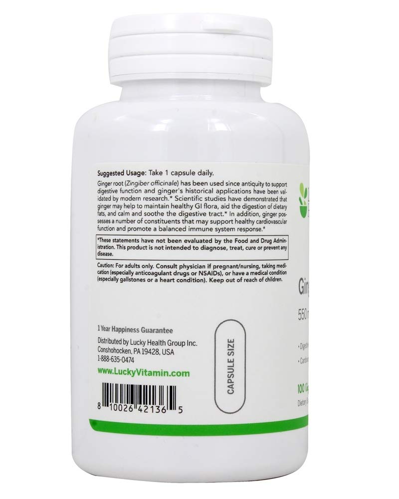 Lucky Vitamin Ginger Root Digestive Support 550 mg - 100 Vegetarian Capsules - image 3