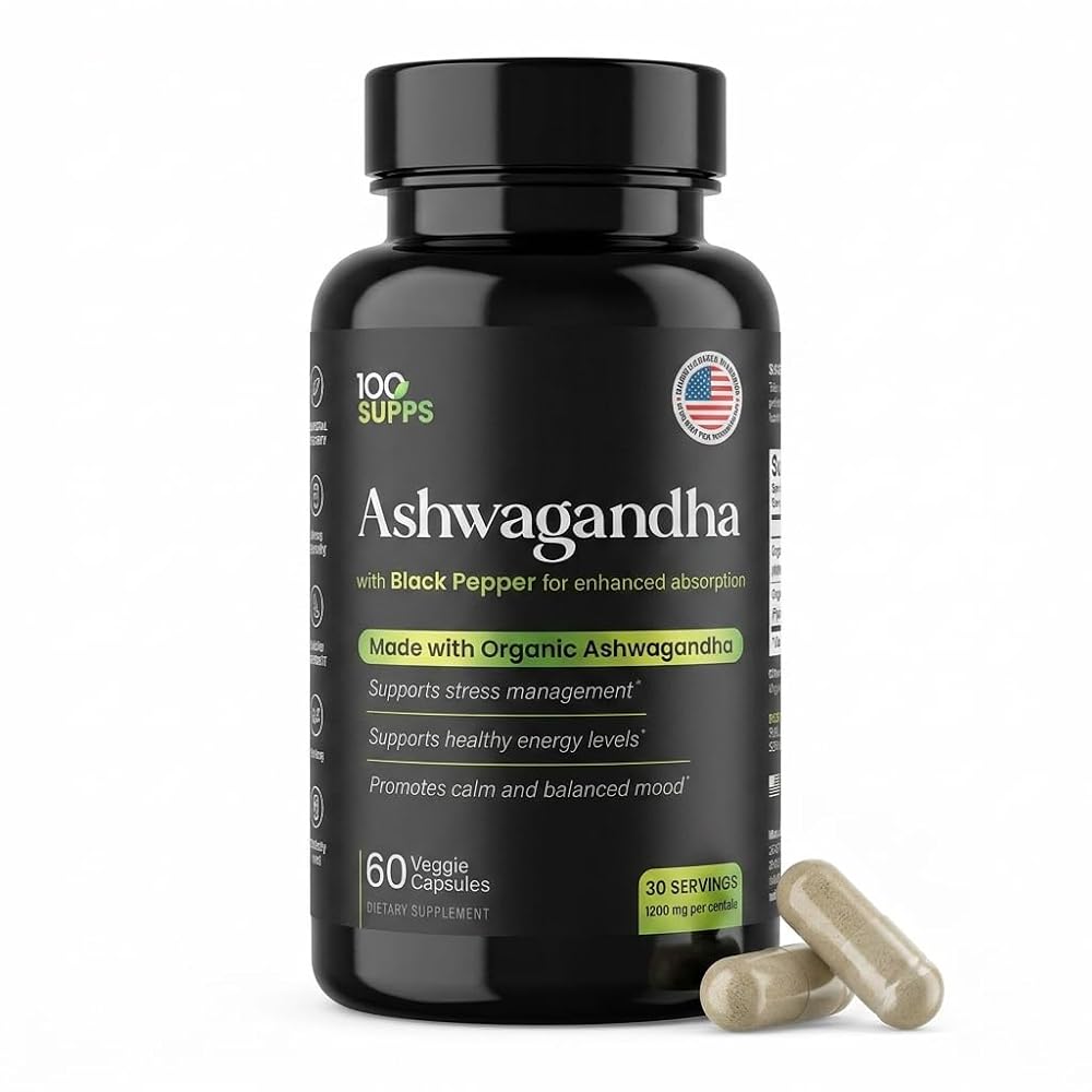 100 Supps Organic Ashwagandha 1200mg Stress & Relaxation Support - 60 Capsules