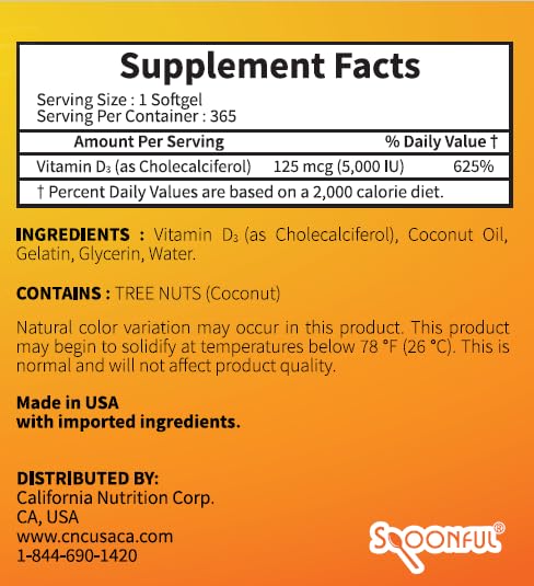 Spoonful Vitamin D3 5000 IU with Coconut Oil - 365 Softgels - image 2
