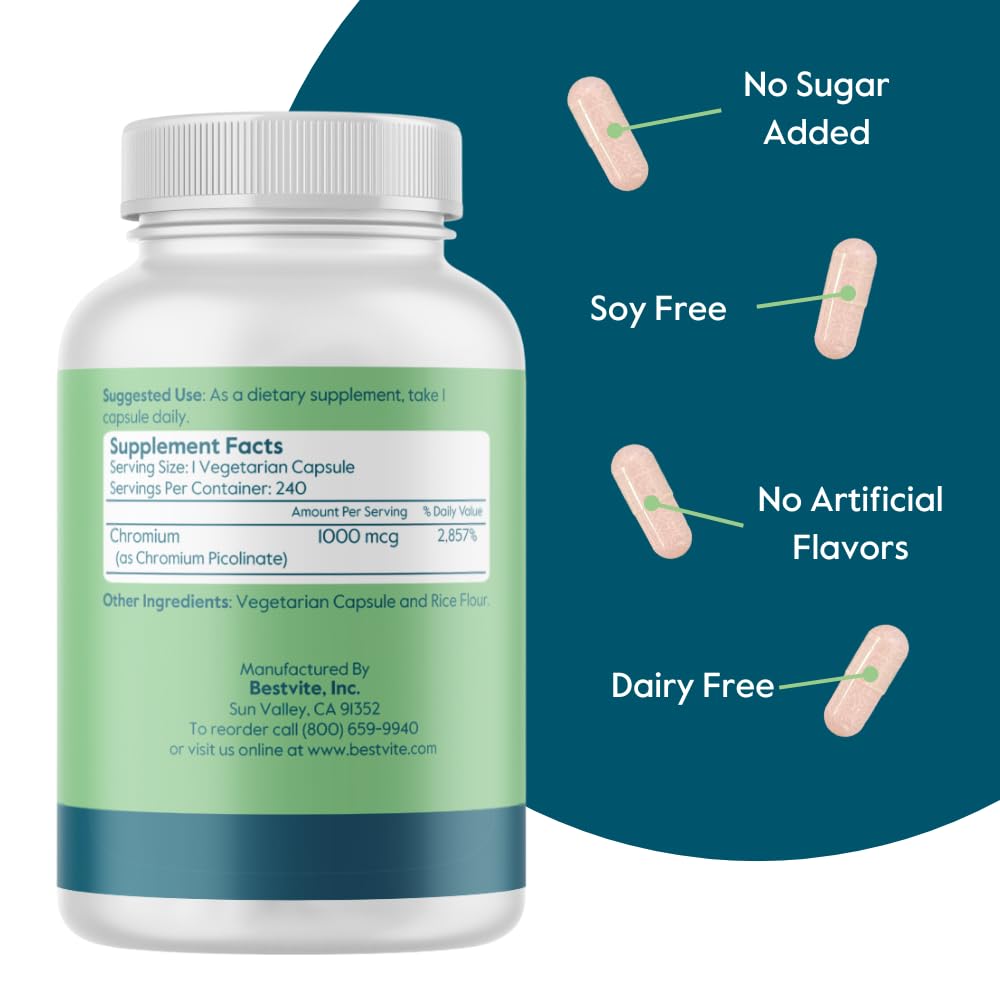BESTVITE Chromium Picolinate 1000mcg - No Stearates - No Flow Agents