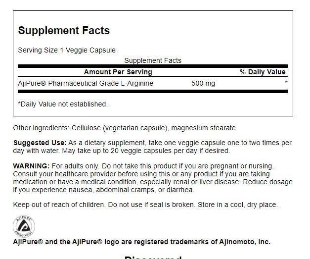 Swanson AjiPure L-Arginine 500 mg - 60 Vegetarian Capsules - image 2