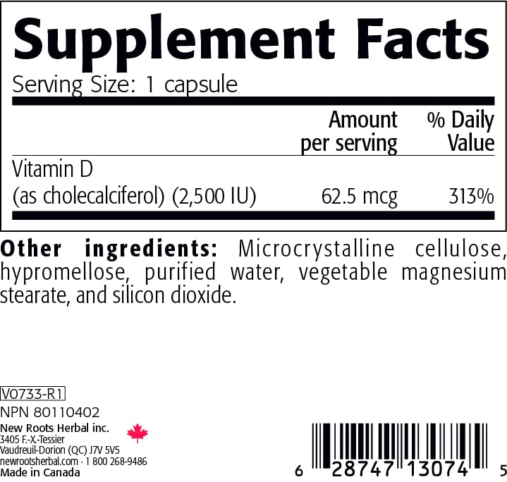 New Roots Herbal Vitamin D3 2,500 IU - 180 Vegetarian Capsules - image 2