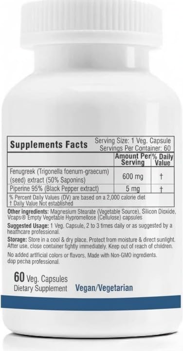 Fenugreek Premium Standardized 600 mg with Piperine - 60 Vegetarian Capsules - image 2