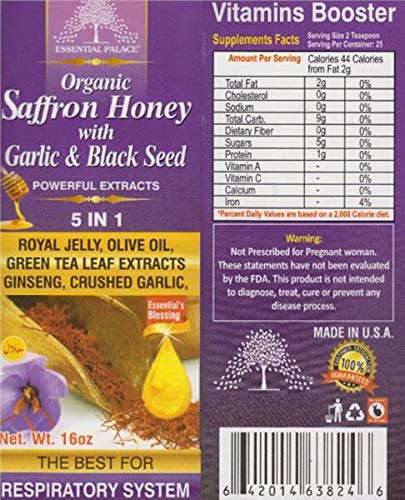 Essential Palace Organic Saffron Honey with Garlic & Black Seed - 1 Ounce