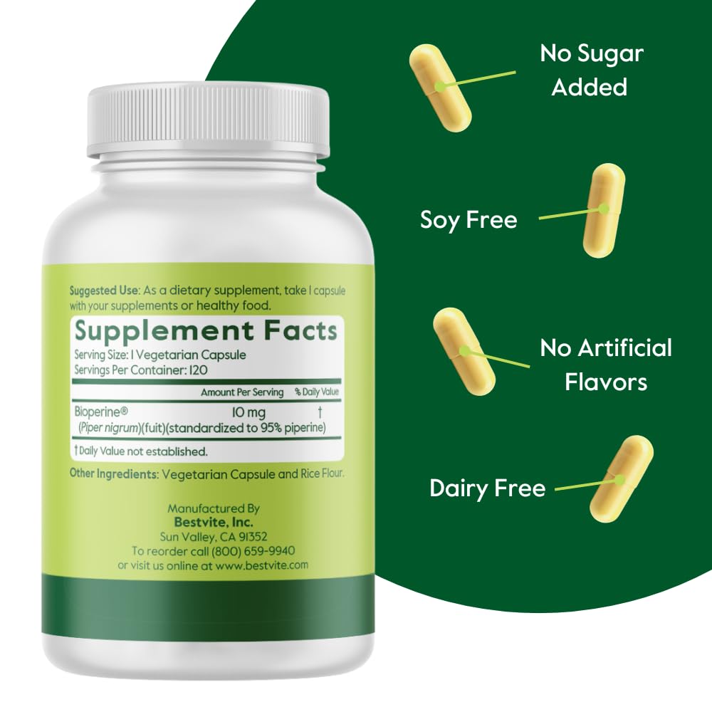 BESTVITE Bioperine 10mg Capsules - No Stearates - Vegan - Non GMO