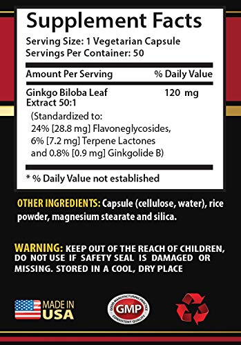 Skin Care Solution Ginkgo Biloba 50:1 Extract 120mg - 100 Capsules - image 2