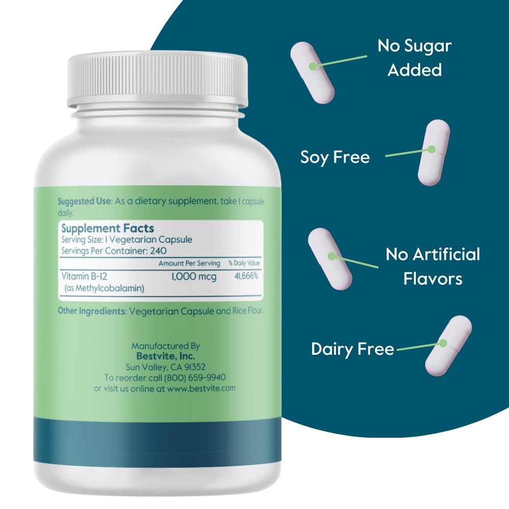 BESTVITE Vitamin B12 Methylcobalamin 1000mcg - 240 Vegetarian Capsules - image 3