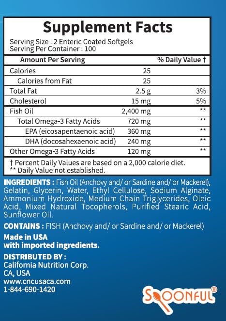 Spoonful Omega 3 Fish Oil Enteric Coated 2400mg - 200 Softgels - image 5