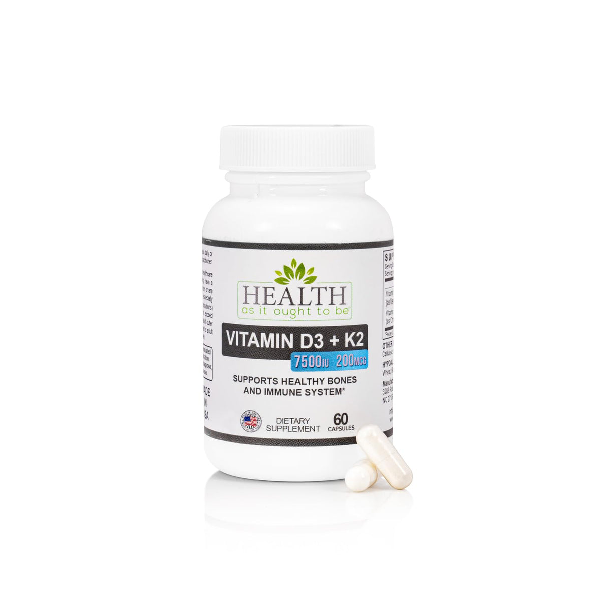 Health As It Ought To Be D3 + K2 Vitamin Supplement - 60 Capsules