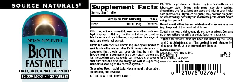 Source Naturals Biotin Fast Melt 10,000 mcg - 120 Tablets - image 5