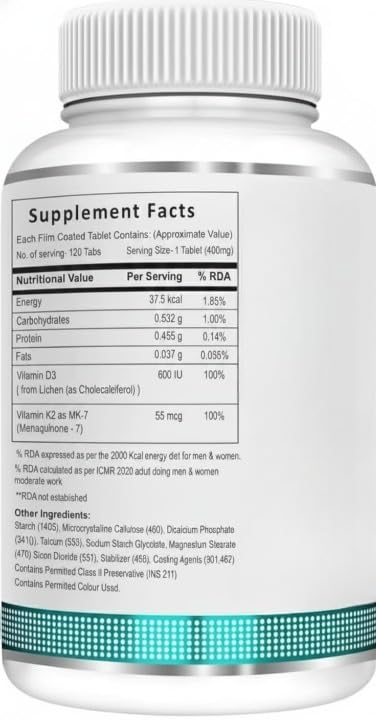 Vitamin D3 600 IU + Vitamin K2 MK-7 Bone & Muscle Support - 120 Tablets - image 3