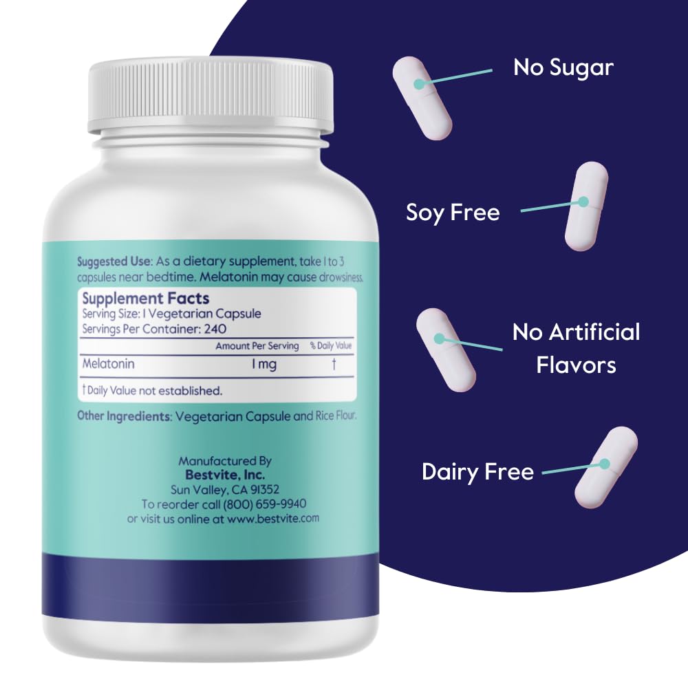 BESTVITE Melatonin 1mg Low Dose Sleep Support - 240 Vegetarian Capsules - image 3