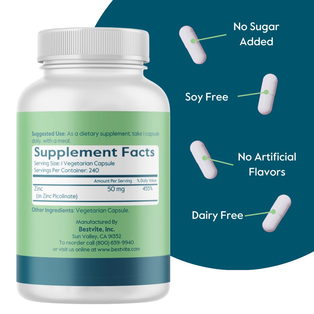BESTVITE Zinc Picolinate 50mg Immune Support - 240 Vegetarian Capsules - image 3
