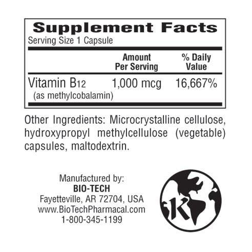 Bio-Tech Pharmacal B12-Methyl 1000 mcg - 100 Vegetarian Capsules - image 2