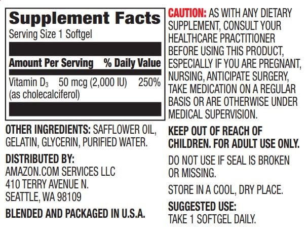 Amazon Elements Vitamin D3 2000 IU - 180 Softgels - image 2