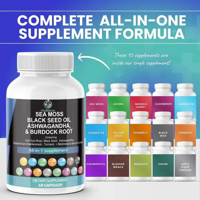 VitalBlends Sea Moss 3000mg Black Seed Oil Ashwagandha Capsules - 60 Count - image 3