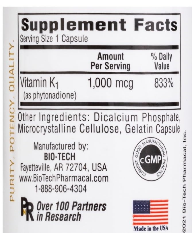 Bio-Tech Pharmacal K1-1000 Vitamin K1 - 300 Capsules (3 Pack) - image 2