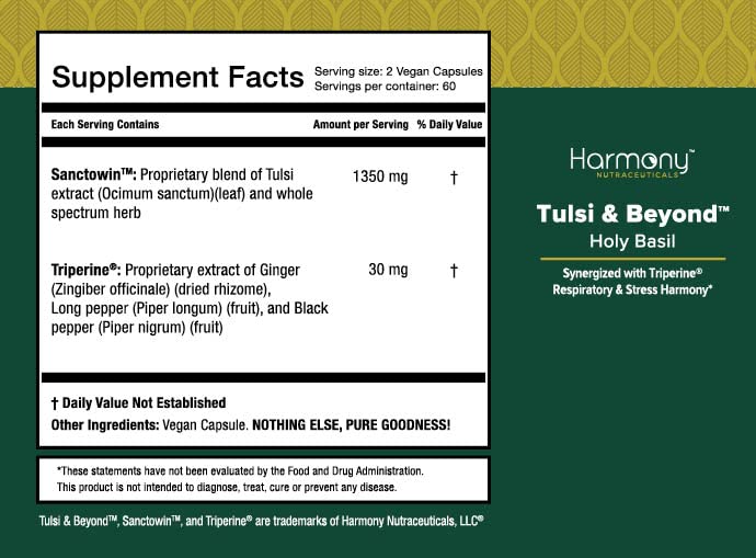 Harmony Nutraceuticals Tulsi Holy Basil Supplement - 120 Vegetarian Capsules - image 2