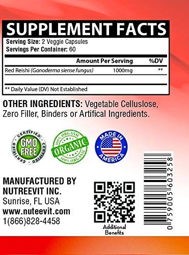 NutreeVit 100% Organic Reishi Mushroom Immune Support - 240 Capsules - image 3