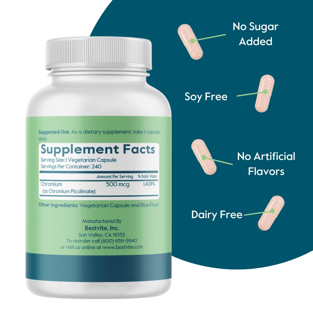 BESTVITE Chromium Picolinate 500mcg - 240 Vegetarian Capsules - image 3