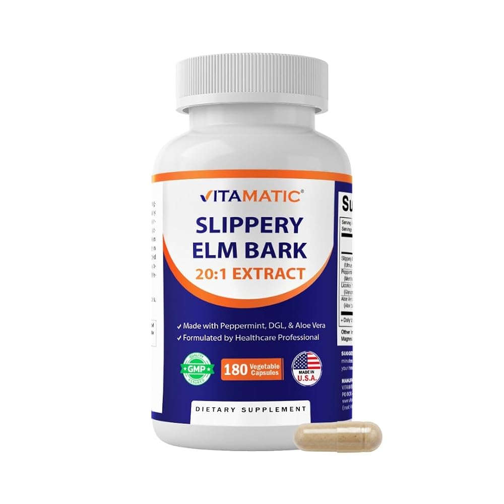 Vitamatic Slippery Elm Bark Capsules with Peppermint & DGL - 180 Count