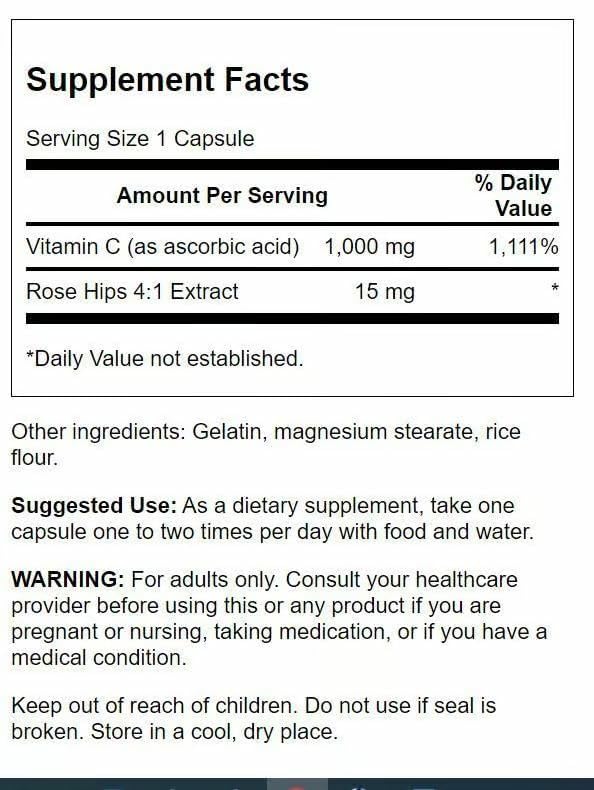 Swanson Vitamin C with Rose HIPS Immune System Support Skin