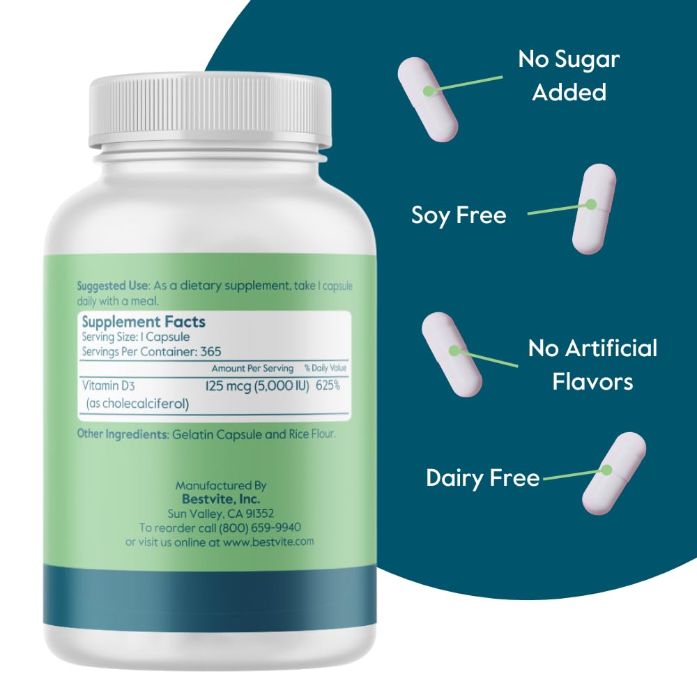 BESTVITE Vitamin D3 5000 IU - 365 Capsules - image 2