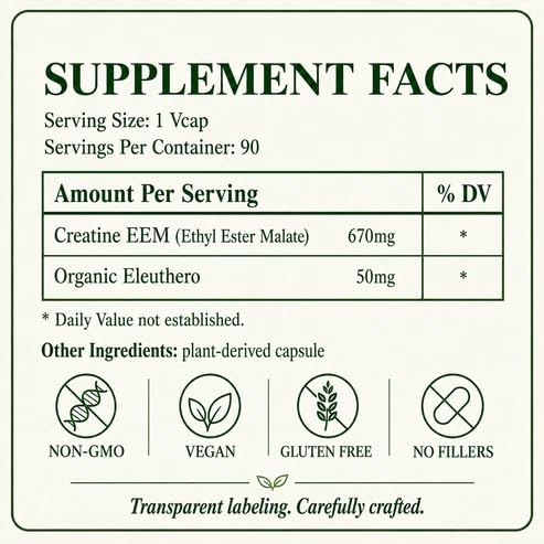 Green Organic Supplements Creatine EEM Fusion, 90 Vegetarian Capsules, High