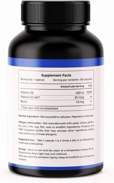 Vitamin D3 with K2 MK7 Supplement for Bone & Heart Health - 60 Capsules - image 2