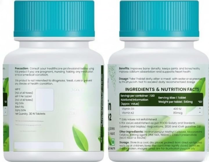 Generic Vitamin D3 600 IU + K2 MK7 Supplement - 30 Tablets - image 2