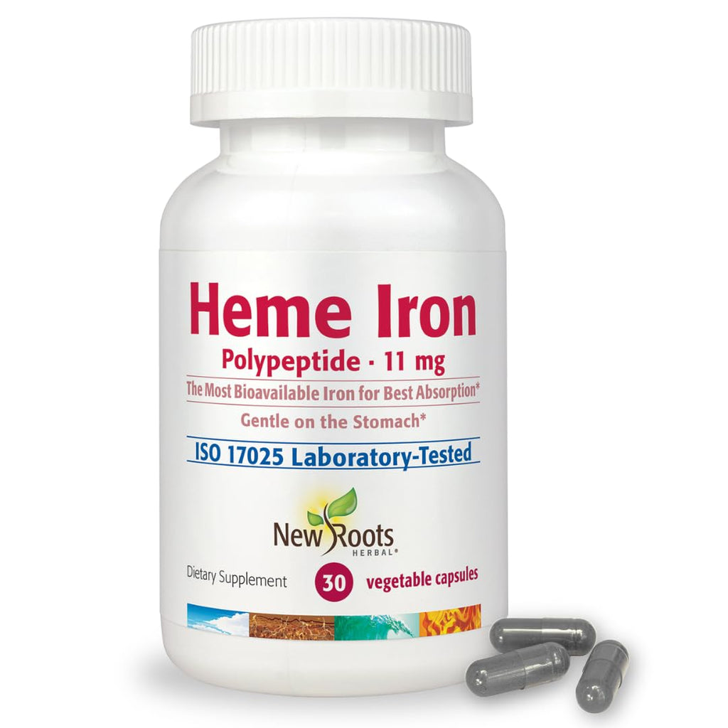 NEW ROOTS HERBAL Heme Iron 11 mg with Vitamin C & B12 - 30 Vegetable Capsules